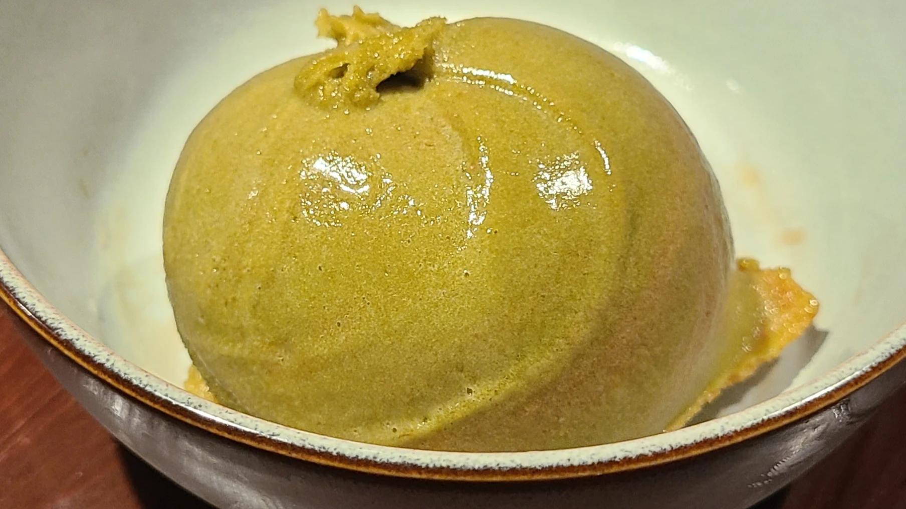 Matcha sorbet with strawberry swirl